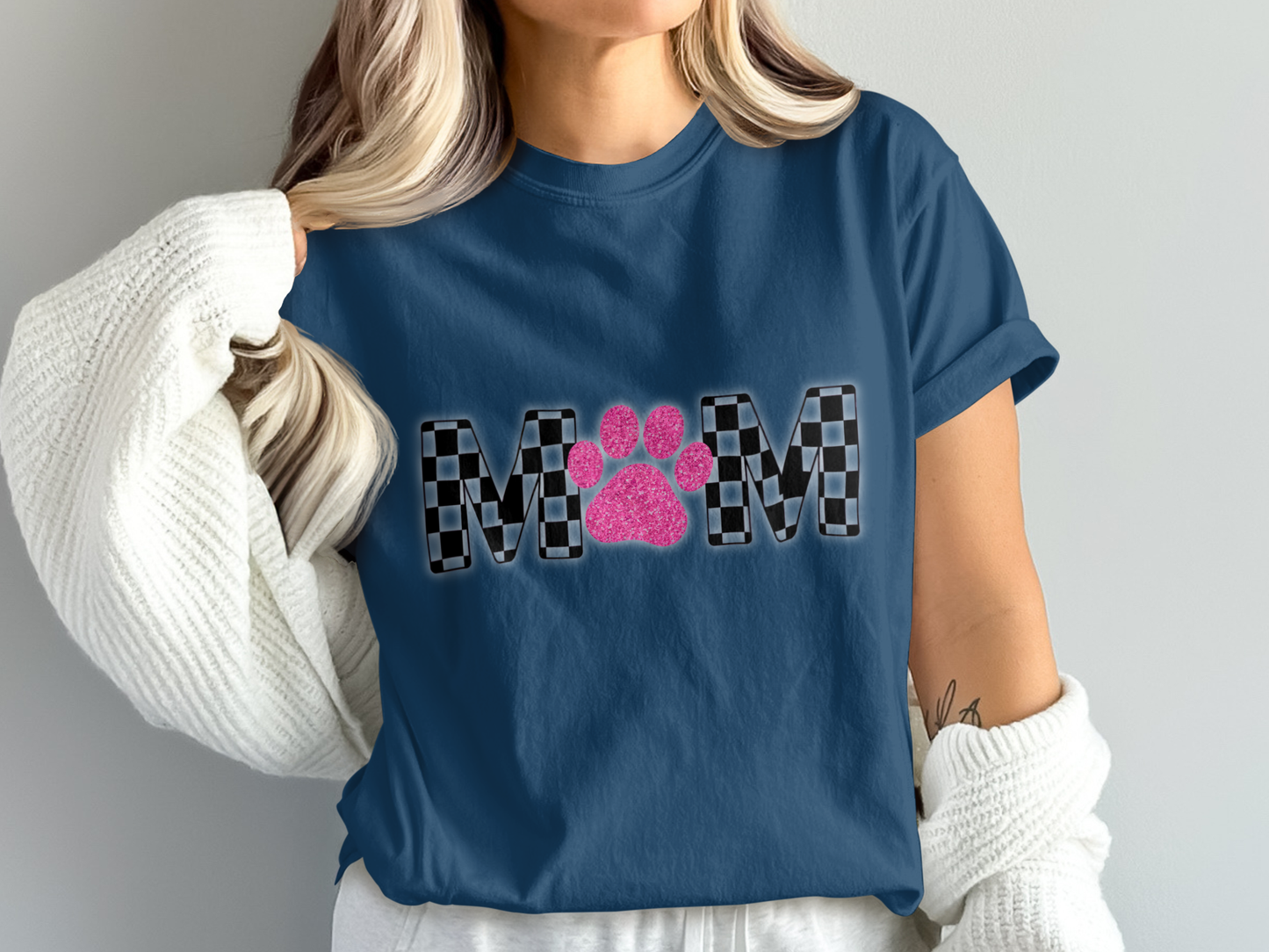 Mom Checkerboard Letters with Pink Paw Print